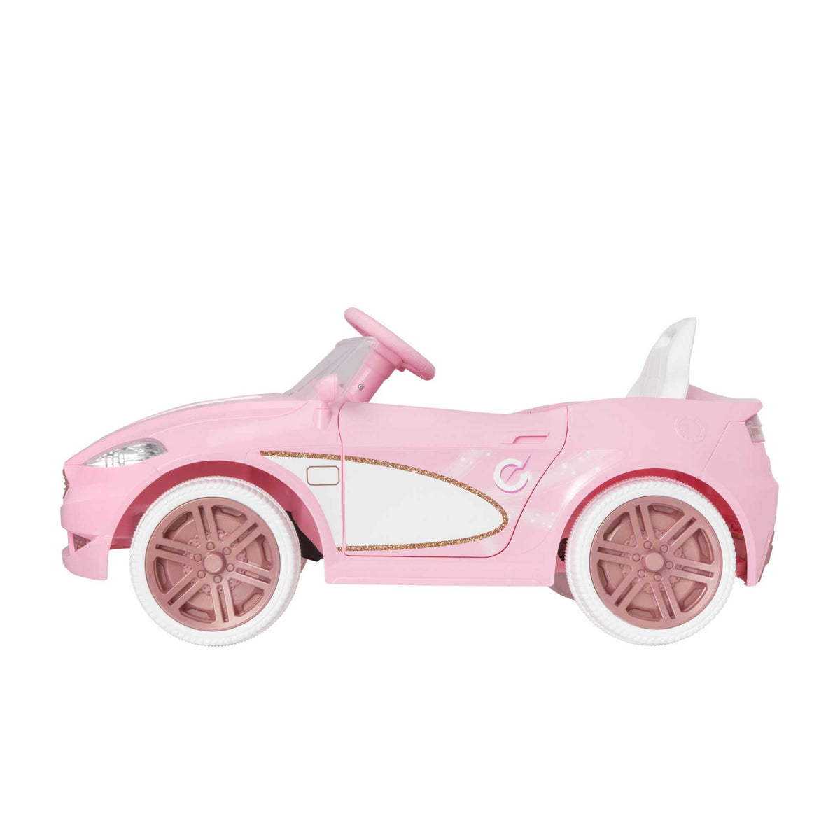 Pink EVO Dream Coupe Car Ride-On Toy for children aged 3+, featuring pedal-driven forward and reverse motion, working headlights, and authentic engine and horn sounds