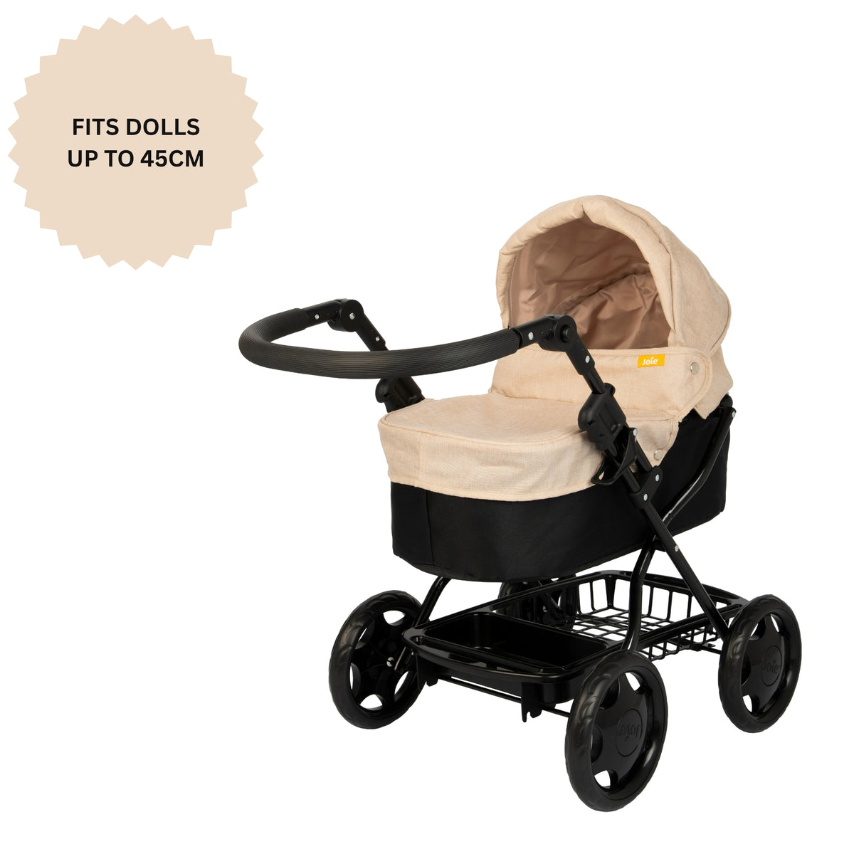 Joie Cherish Dolls Pram in Stone &amp; Black, with an adjustable handle height, removable apron and adjustable canopy