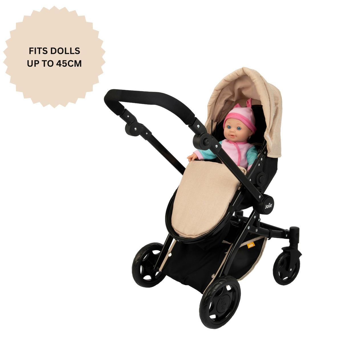 Beige and black baby stroller with Joie branding with an adjustable handle height and multiple play positions.