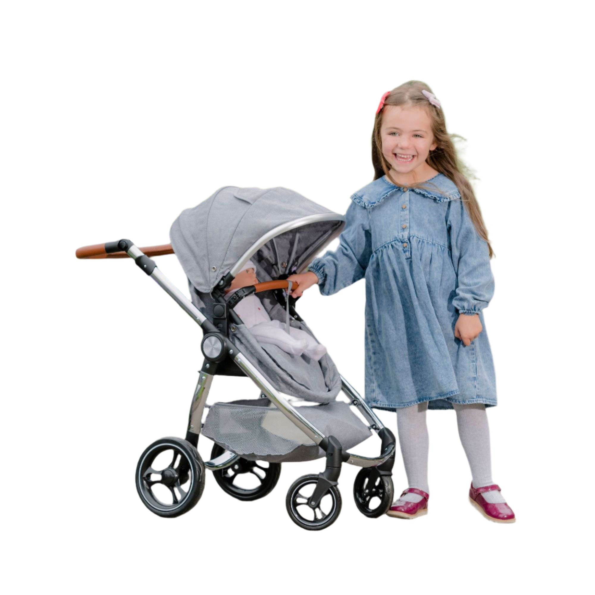 Mamas & Papas Premium Occaro Pram set, a stylish dolls stroller with an adjustable hood, premium fabric, chunky chrome frame, and leather handles. Features front swivel wheels and folds flat for easy storage, mimicking the real-life version.