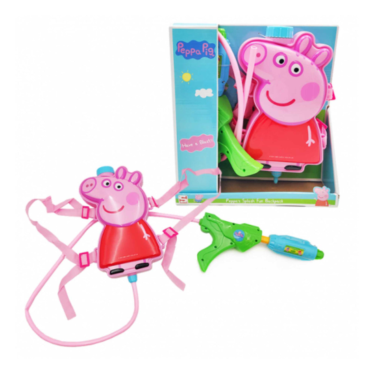 Peppa Pig Water Blaster Water Gun with Peppa-themed backpack water holder, ideal for outdoor water play and summer fun for kids.