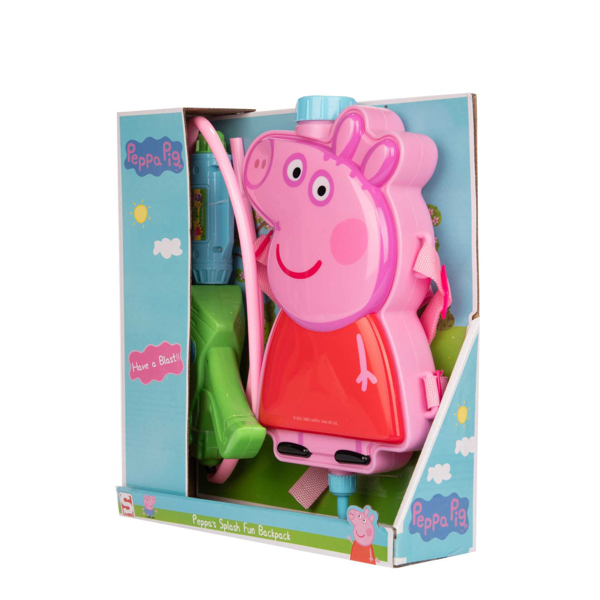 Peppa Pig Water Blaster Water Gun with Peppa-themed backpack water holder, ideal for outdoor water play and summer fun for kids.