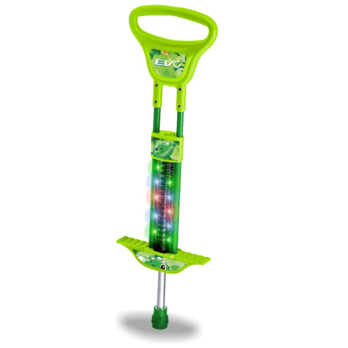 EVO Light Up Pogo Stick featuring bright colorful lights, sturdy frame, non-slip footpads, and comfortable handlebars, perfect for kids&#39; active outdoor play and exercise.