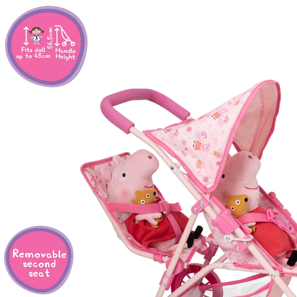 Peppa Pig Tandem Twin Doll Stroller: A pink double stroller with Peppa Pig graphics, designed for carrying two dolls side by side, ideal for toddlers and imaginative play.