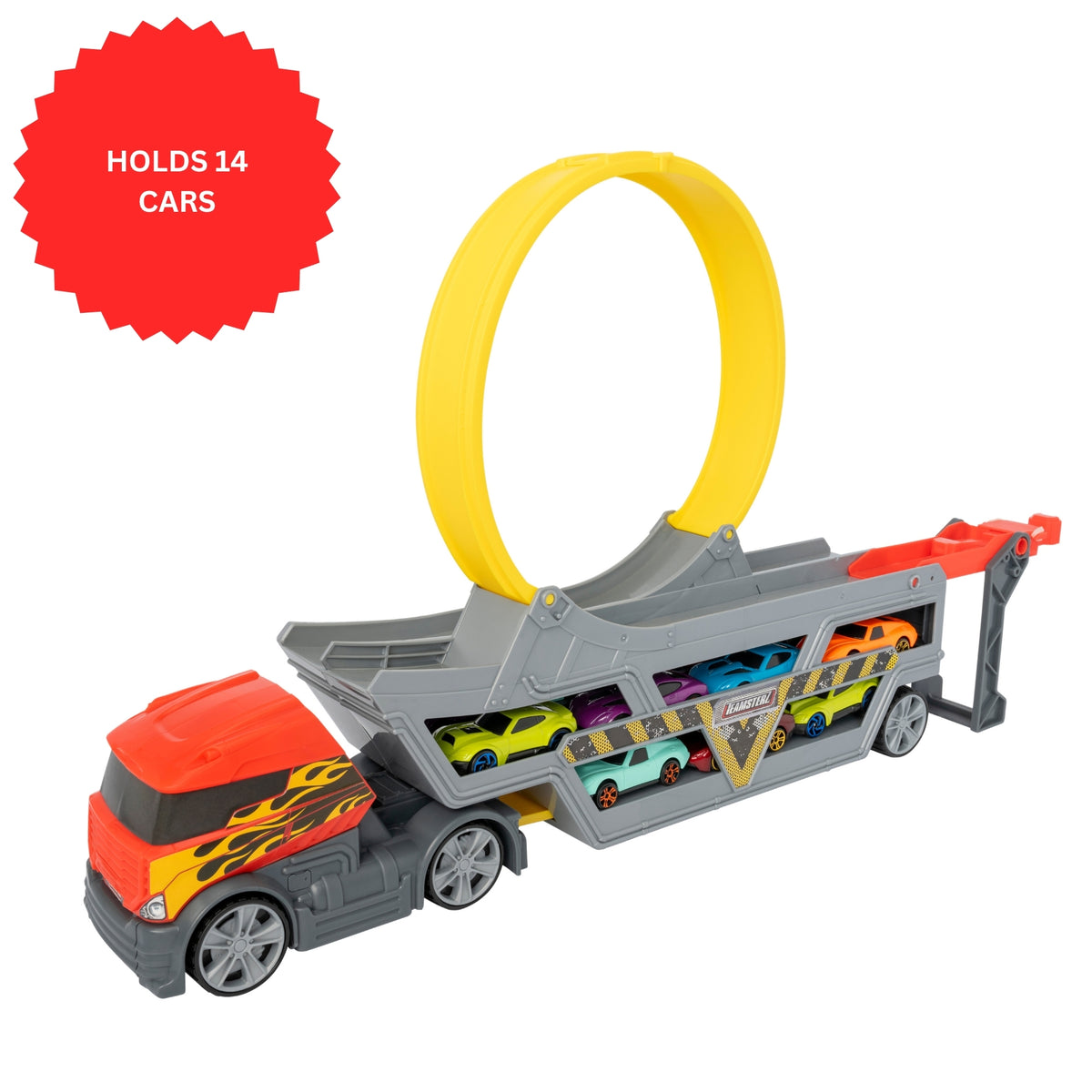 Kids Racing Toy – Teamsterz Launch &amp; Loop Transporter with Adjustable Track and Storage for 14 Cars