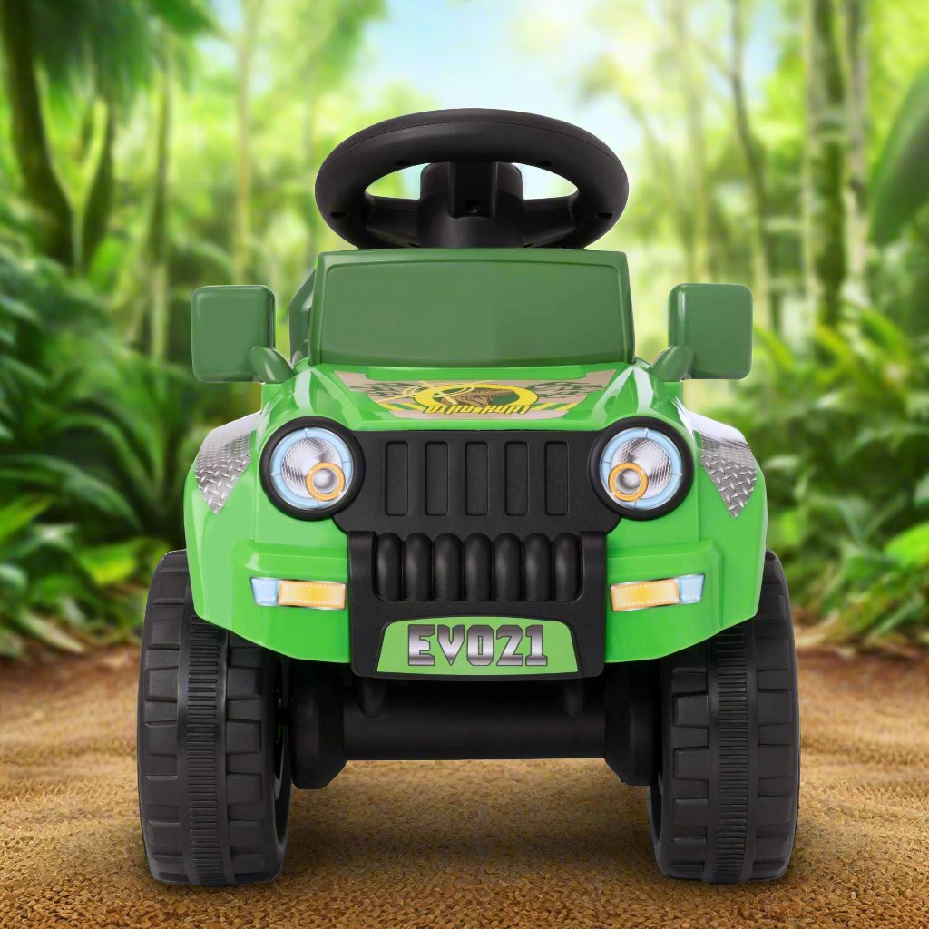 A rugged EVO Electric 4x4 Dinosaur Truck Toy. The truck is shown navigating through a rocky outdoor landscape, demonstrating its powerful and durable build.