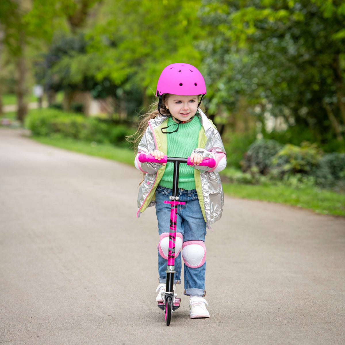 ATOM Light-Up Inline Scooter in Neochrome – 2-Wheel Folding Kids Scooter with LED Flashing Wheels, Adjustable Handlebar, and Rear Brake for Ages 5+