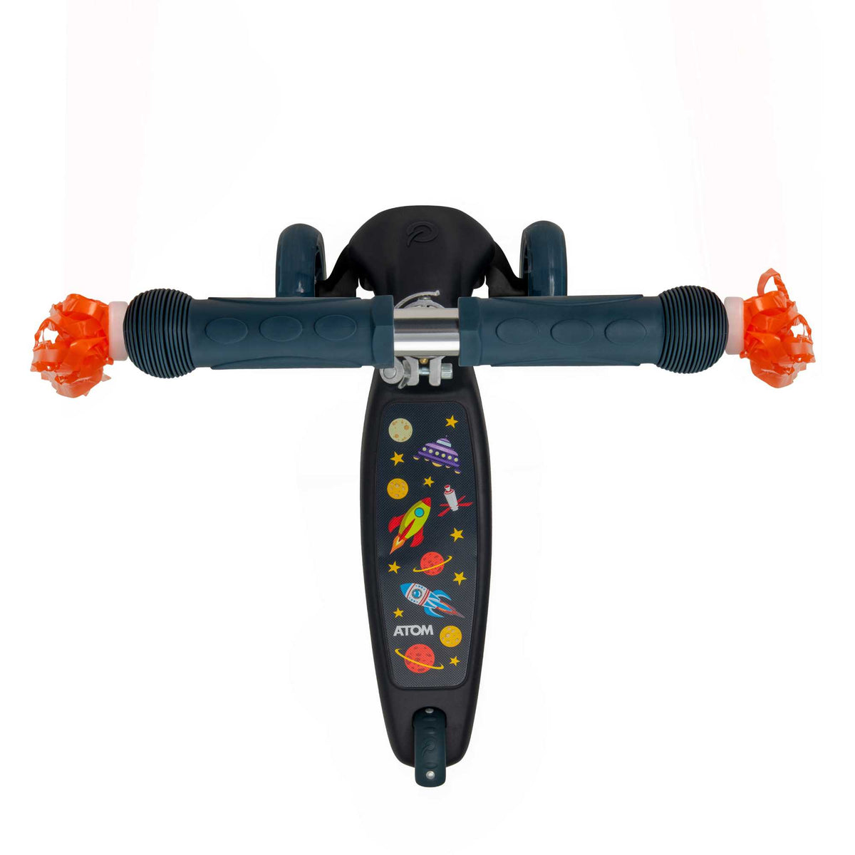 ATOM Eclipse Kids 3 Wheeled Scooter in vibrant solar theme, featuring a sturdy design, bright colors, and a space-inspired pattern perfect for young riders