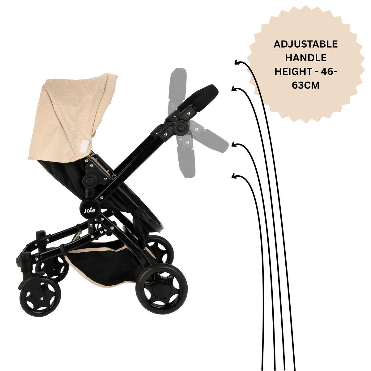 Beige and black baby stroller with Joie branding with an adjustable handle height and multiple play positions.