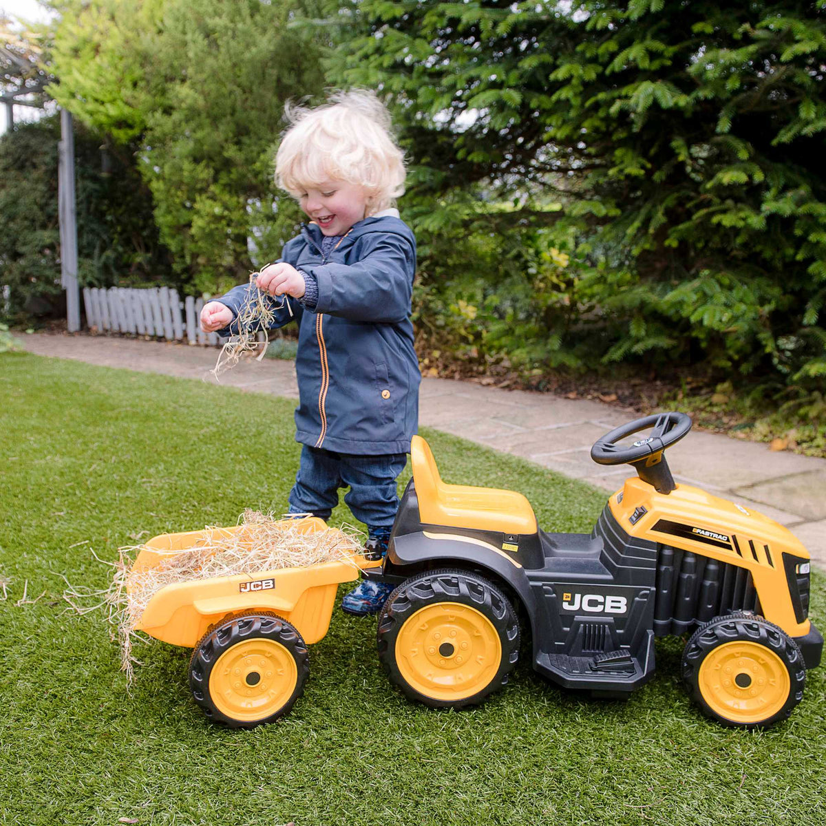 EVO JCB Battery Operated Tractor Ride-On for 2-year-olds, featuring a yellow and black JCB design, battery-powered operation, and a stable, comfortable ride for imaginative farm adventures.