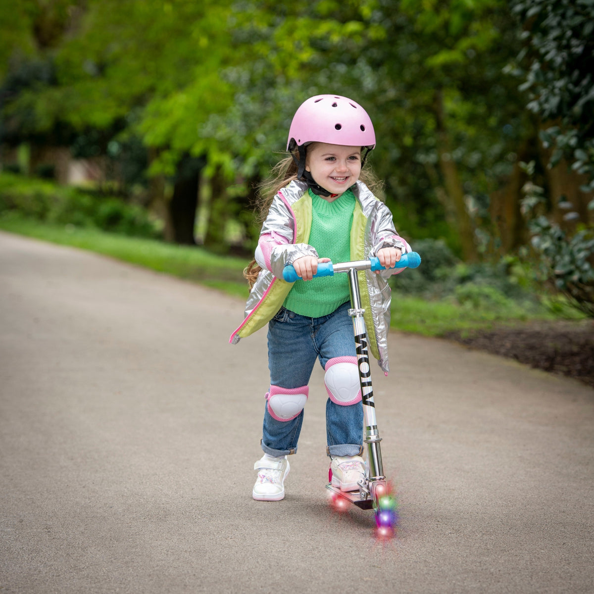 ATOM Light-Up Inline Scooter in Holographic Finish – 2-Wheel Folding Kids Scooter with LED Flashing Wheels for Ages 5+.