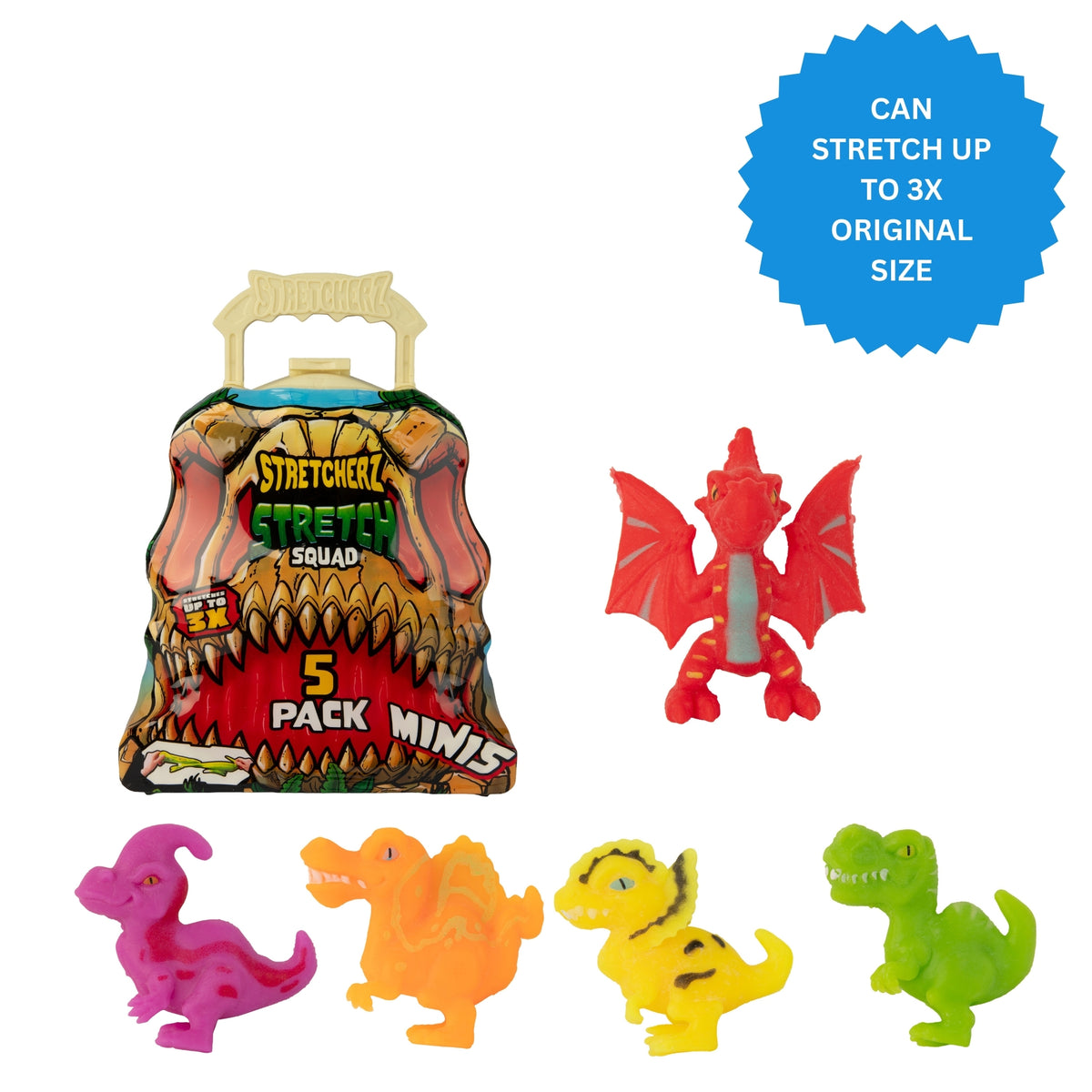 Stretch Squad toy set with colorful dinosaur figures and packaging on a white background