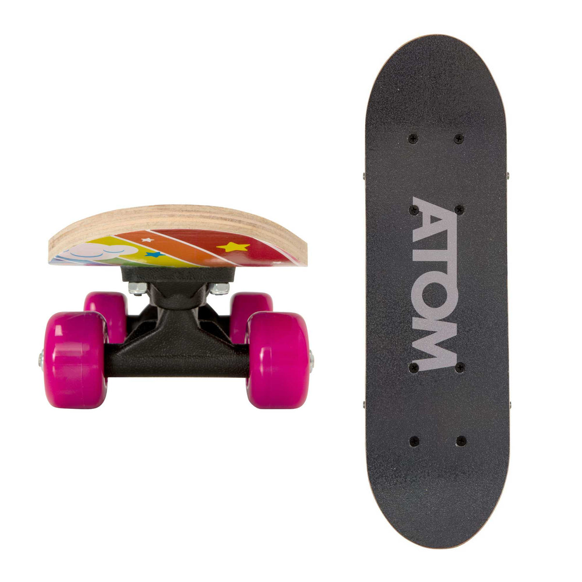 ATOM 17-inch Children&#39;s Skateboard with a vibrant graphic design, durable deck, and smooth-rolling wheels, ideal for young beginners learning to skateboard.