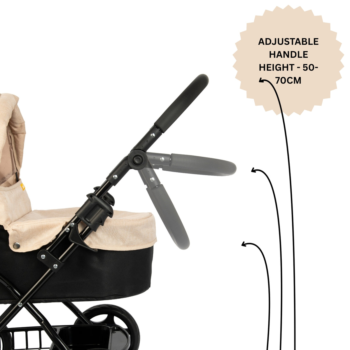 Joie Cherish Dolls Pram in Stone &amp; Black, with an adjustable handle height, removable apron and adjustable canopy