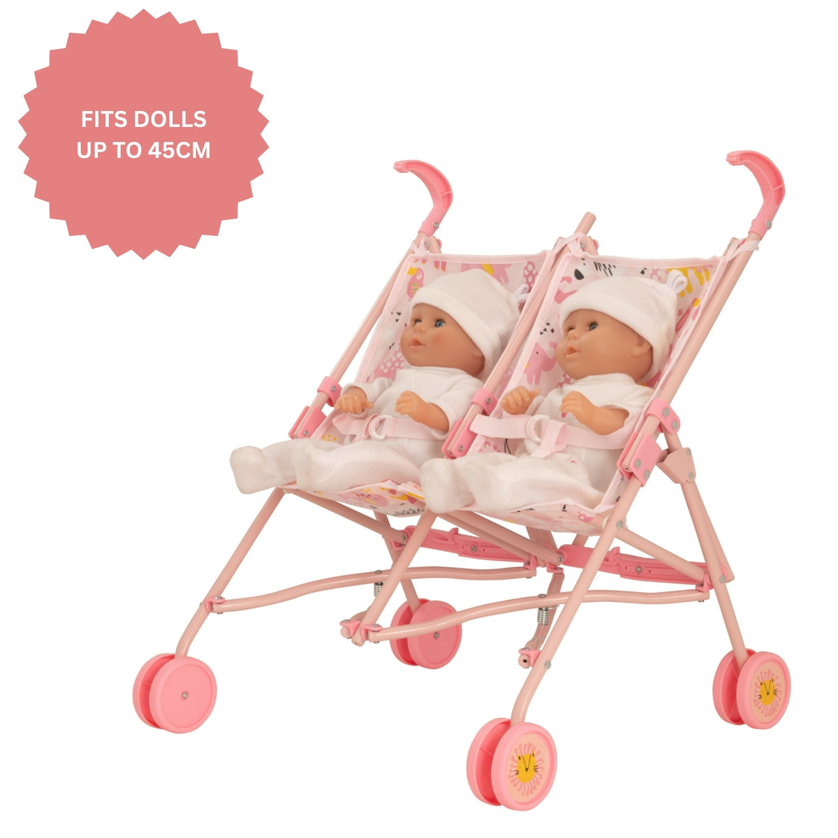Pink doll stroller with two dolls inside on a white background