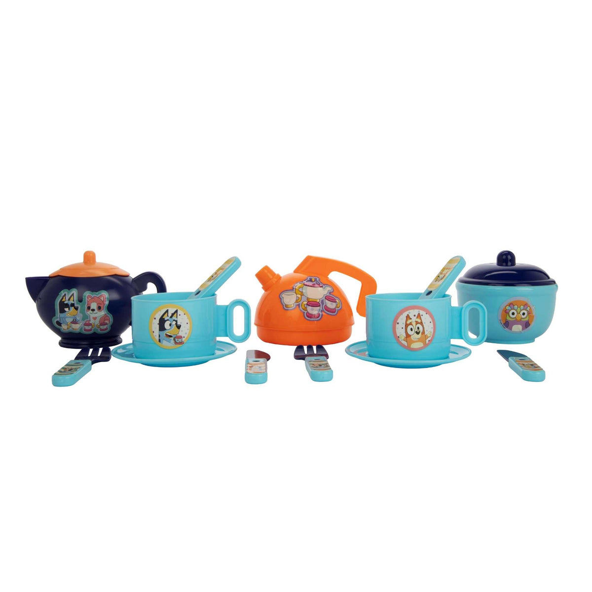 Bluey Tea Party Set for Kids – 11 Piece Pretend Play Set with Cups, Saucers, Teapot, Kettle, Cutlery, and Sugar Pot, Durable Plastic Play Set for Toddlers and Pre-schoolers