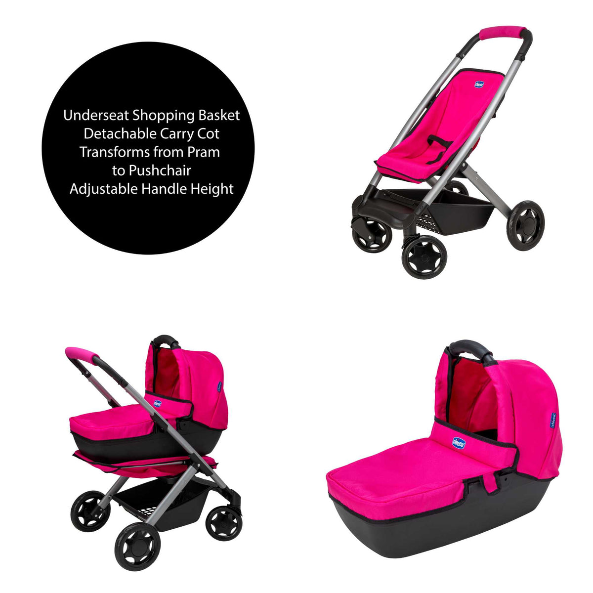 Chicco Junior 3-IN-1 Dolls Pram - Pink Prams