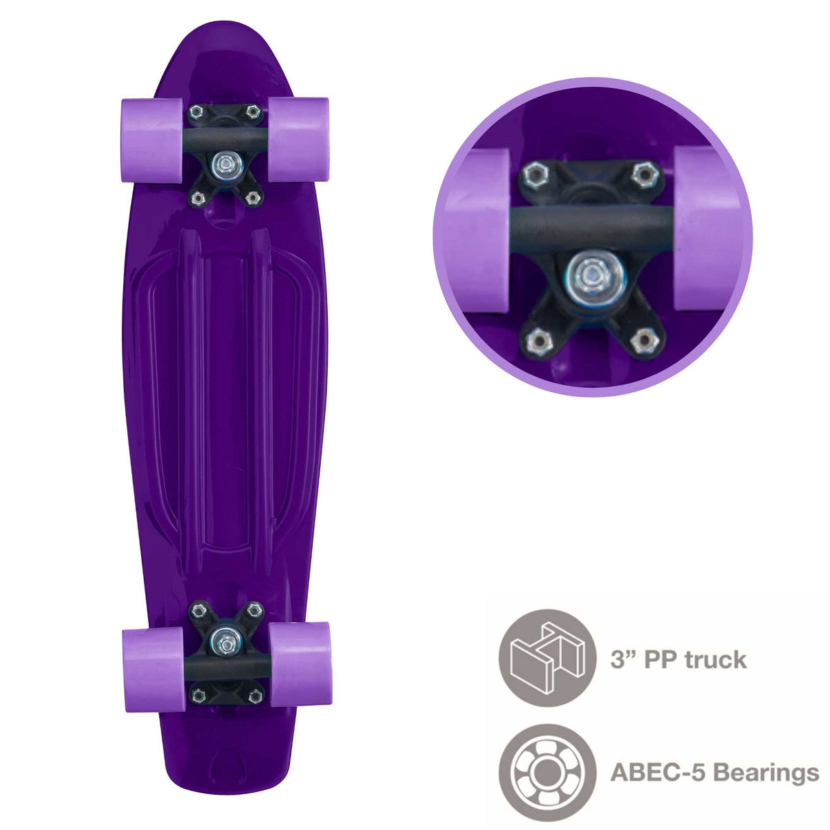 Children’s EVO 22-inch Penny Board in pink with light-up wheels, showcasing a compact design and vibrant retro style, perfect for young riders. The board features a textured grip surface and smooth, illuminated wheels that light up during movement. 