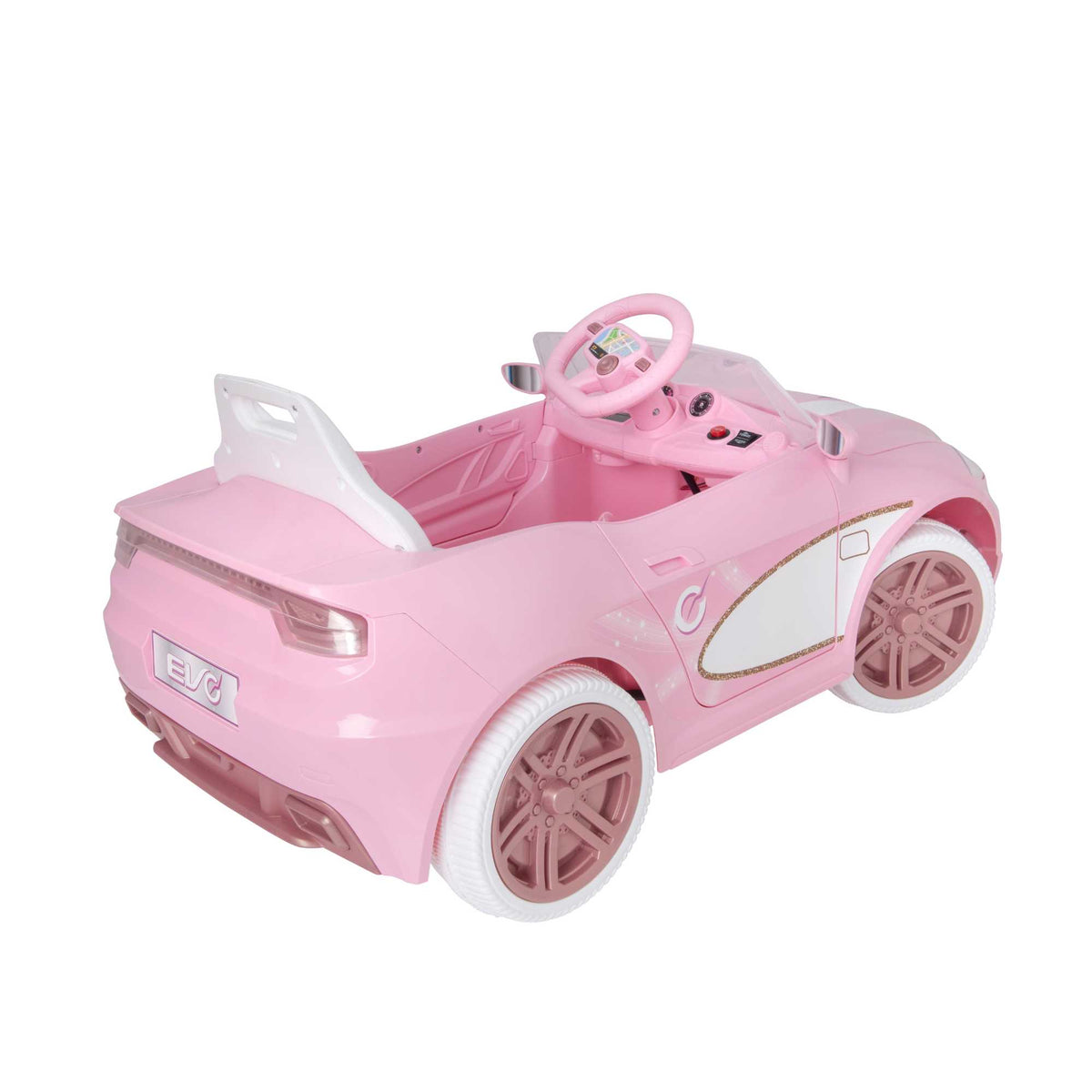 Pink EVO Dream Coupe Car Ride-On Toy for children aged 3+, featuring pedal-driven forward and reverse motion, working headlights, and authentic engine and horn sounds