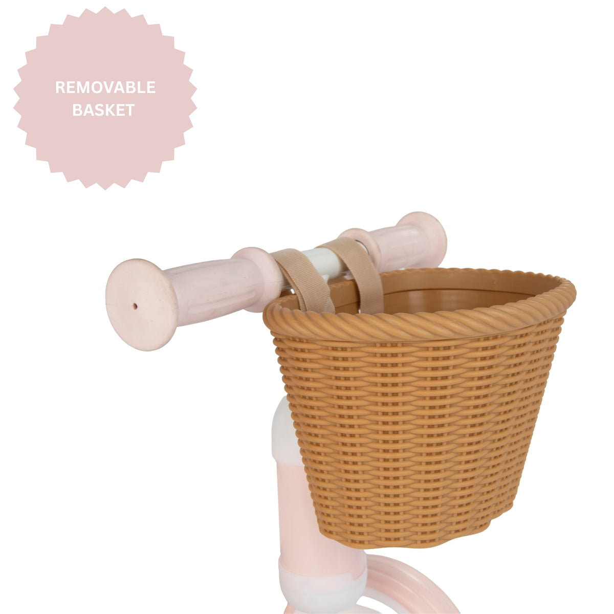 pink toddlers bobble bike with a wicker basket.