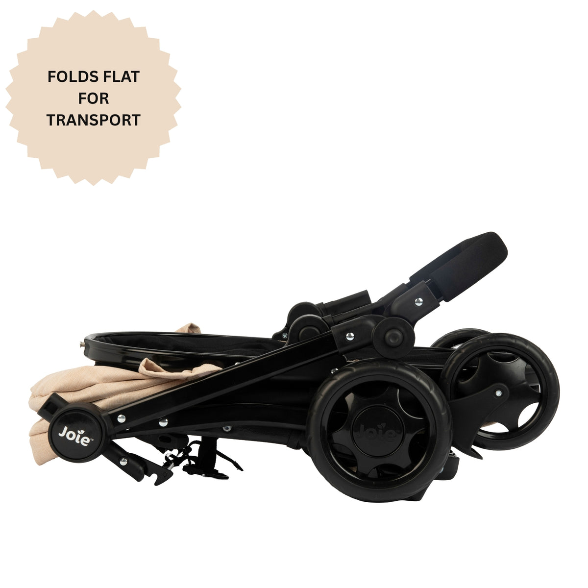 Beige and black baby stroller with Joie branding with an adjustable handle height and multiple play positions.