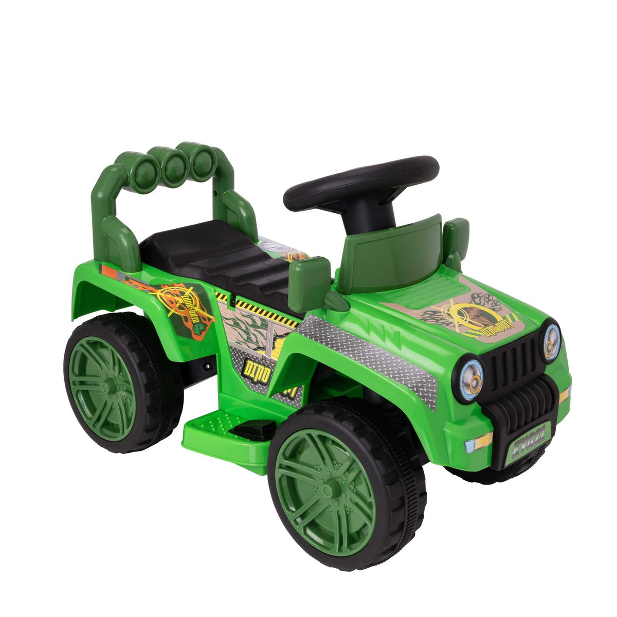 A rugged EVO Electric 4x4 Dinosaur Truck Toy. The truck is shown navigating through a rocky outdoor landscape, demonstrating its powerful and durable build.