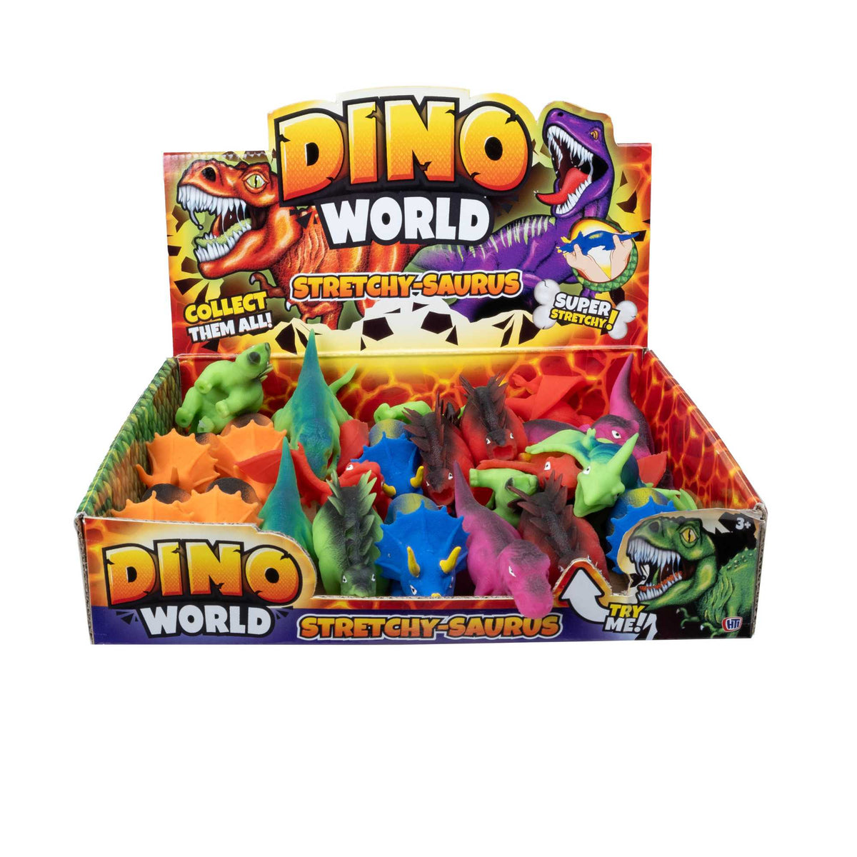 Image of Dino World Stretchy Saurus Assorted Fidget Toys - 24 Pack Fidget Toy Bumper Party Pack, featuring colourful, stretchy dinosaur figures in various poses, perfect for stress relief, sensory play, and party favours