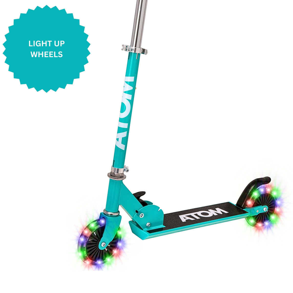ATOM Light-Up Inline Scooter in Teal – 2-Wheel Folding Kids Scooter with LED Flashing Wheels, Adjustable Handlebar, and Rear Brake for Ages 5+
