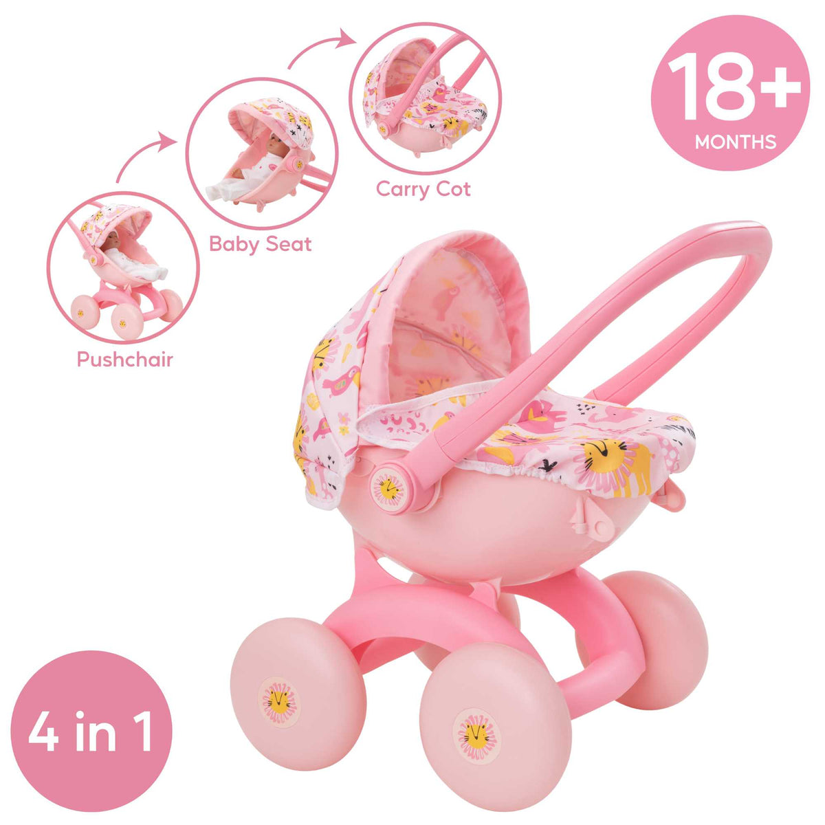 BabyBoo Bambino Jungle Print 4-IN-1 Dolls Pram Prams