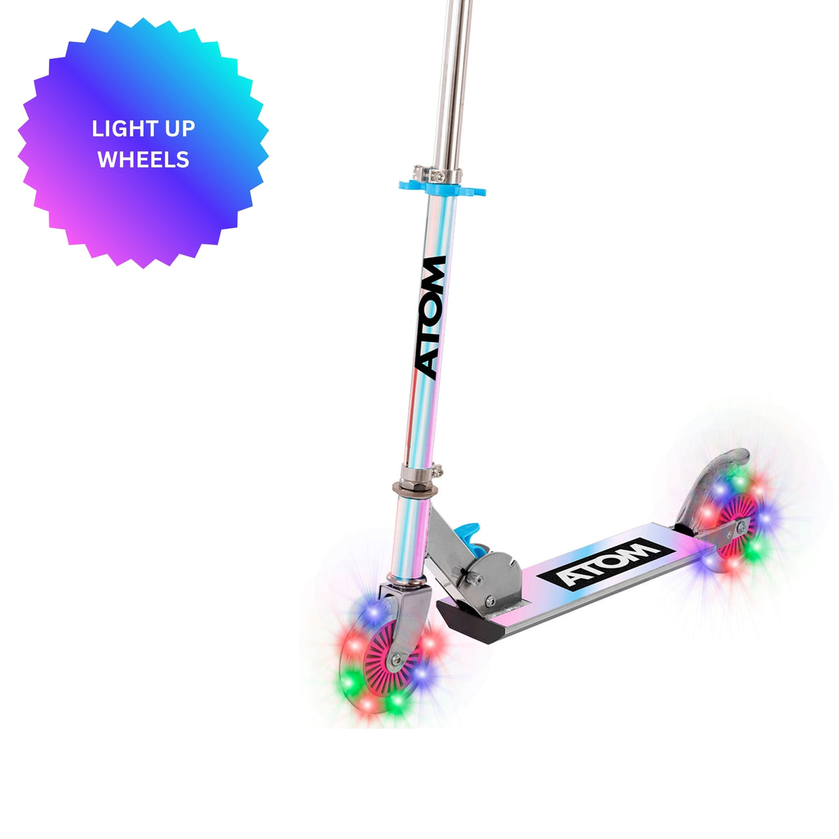 ATOM Light-Up Inline Scooter in Holographic Finish – 2-Wheel Folding Kids Scooter with LED Flashing Wheels for Ages 5+.