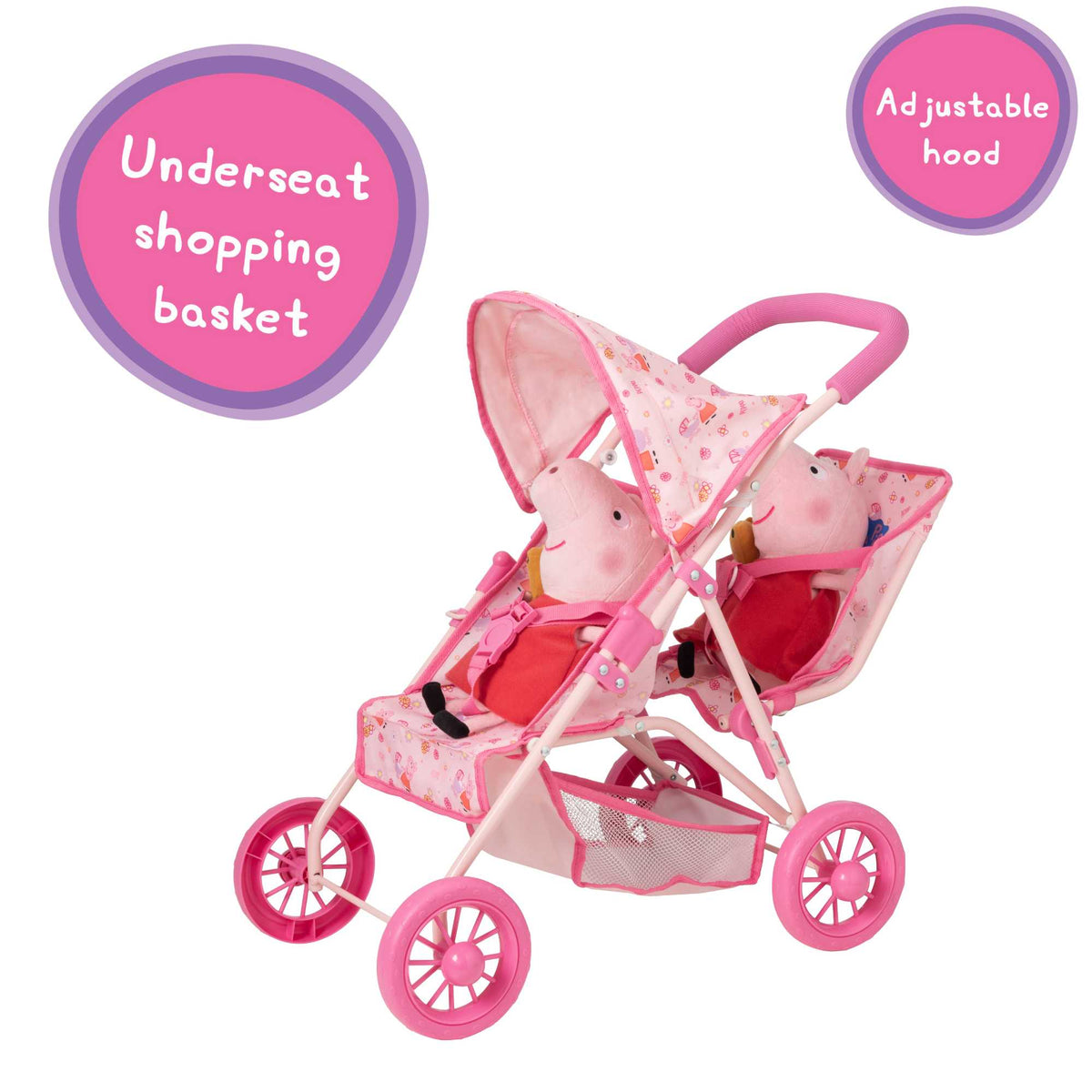 Peppa Pig Tandem Twin Doll Stroller: A pink double stroller with Peppa Pig graphics, designed for carrying two dolls side by side, ideal for toddlers and imaginative play.