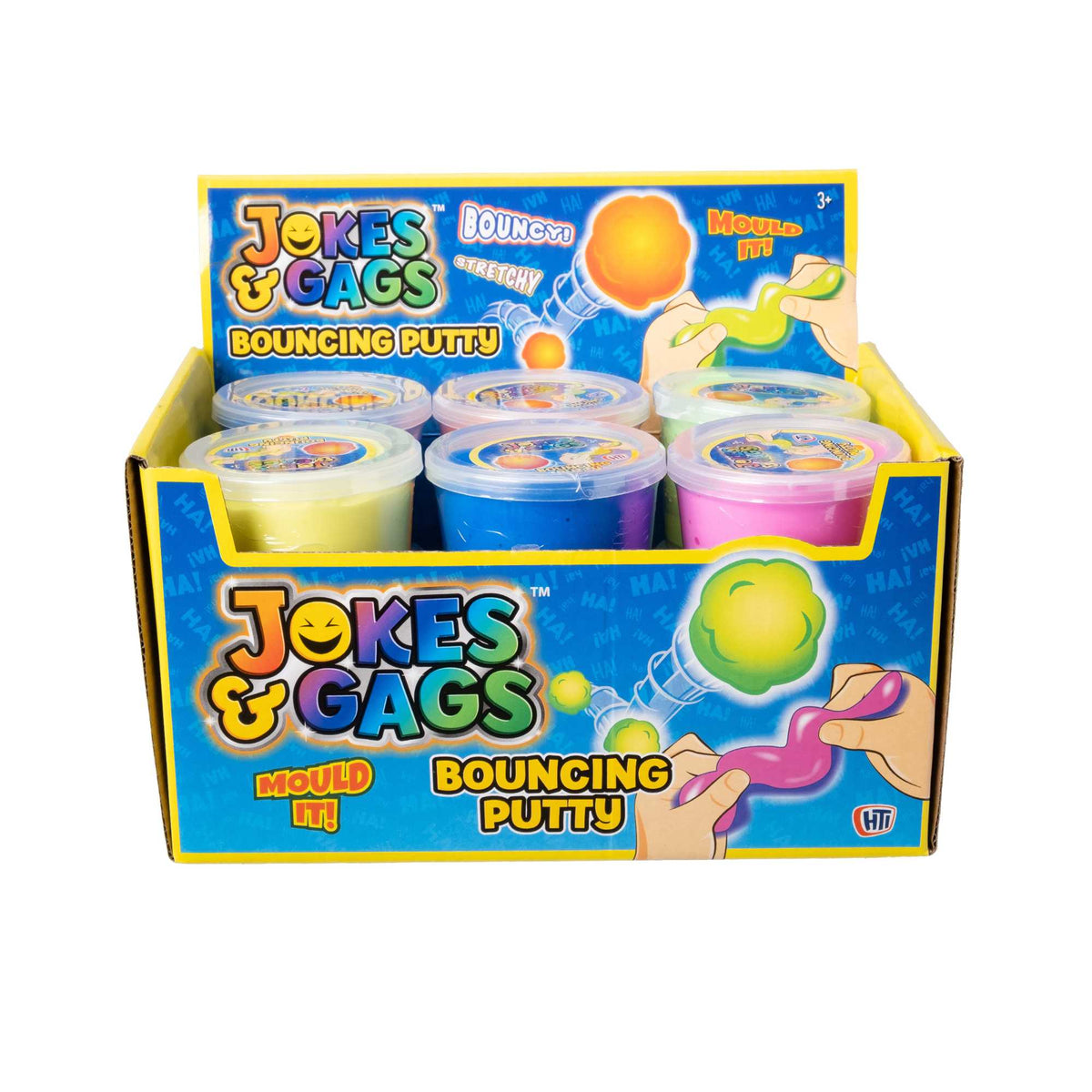 Collection of Bouncing Putty in a display box, showcasing 12 units with 6 vibrant colors, perfect for creative play and stress relief