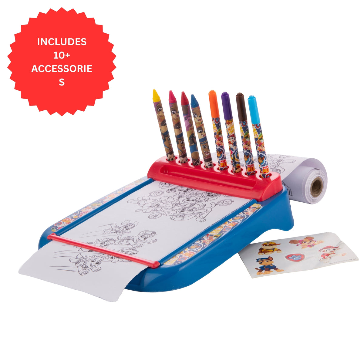 Colouring station with crayons and paper on a white background
