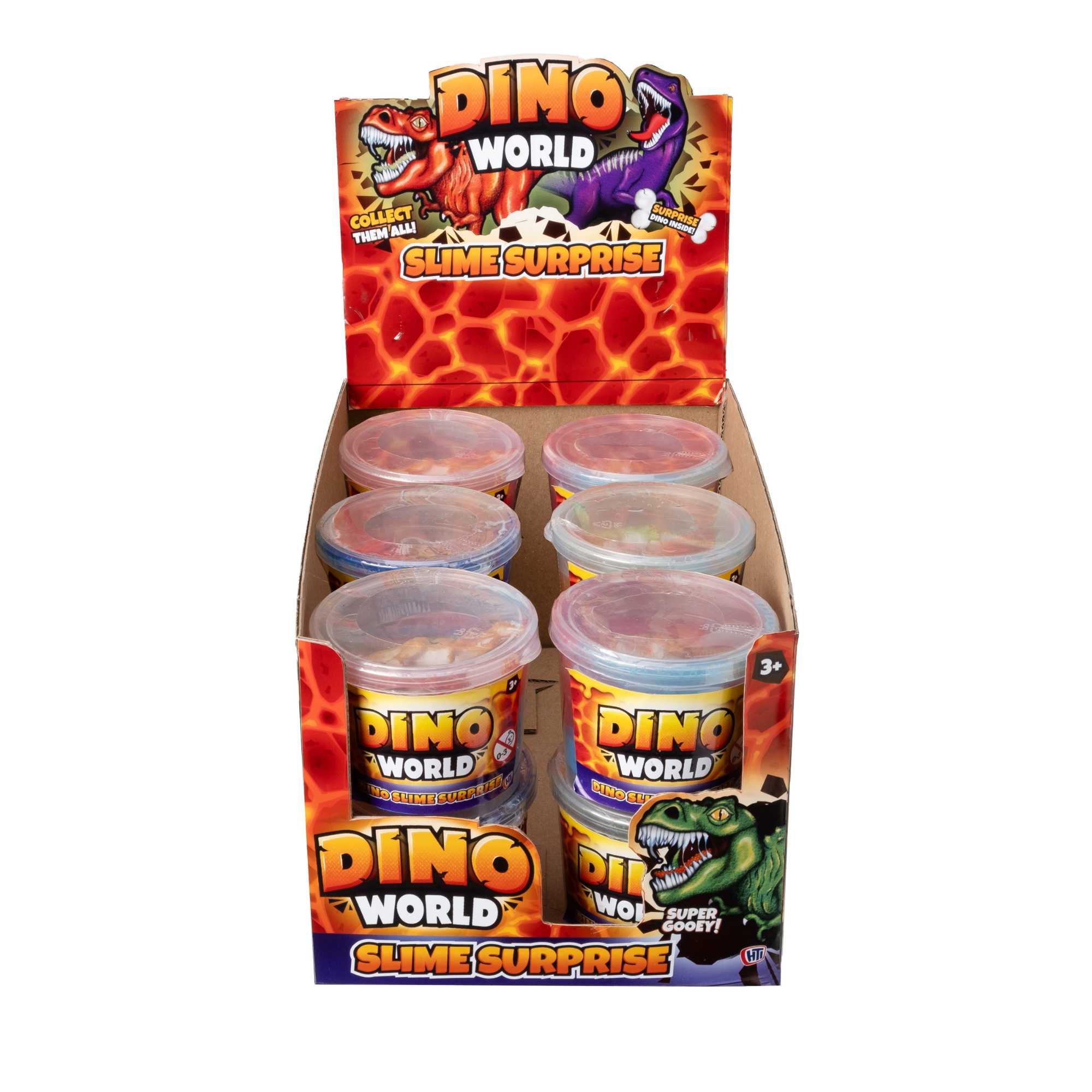 Dino World Dino Slime Surprise (CDU of 12) - Fun unboxing experience with collectible dinosaur figures hidden in stretchy slime, perfect for kids' parties and gifts.