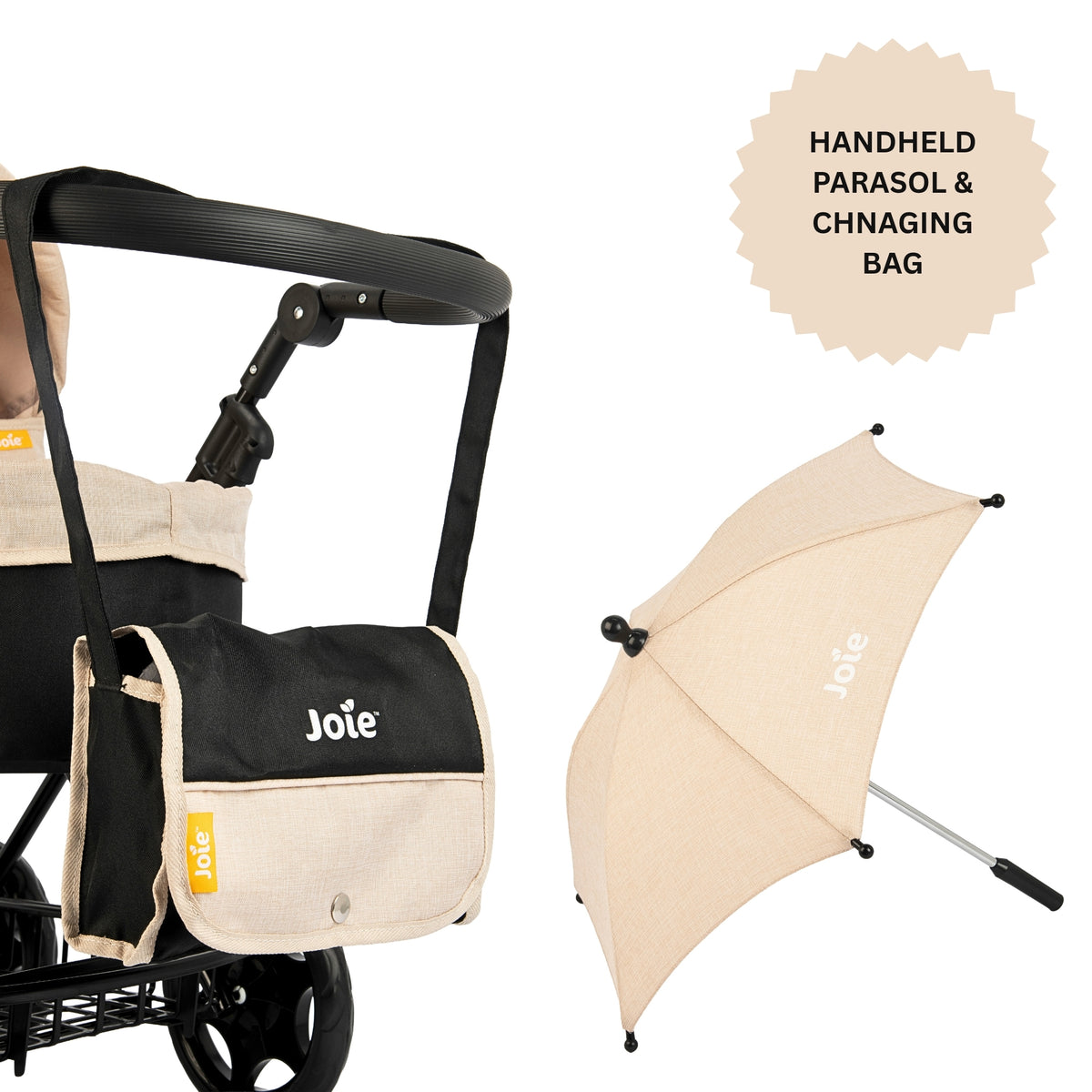 Joie Junior Classic Stone &amp; Black Pram - Includes Handheld Parasol &amp; Changing Bag