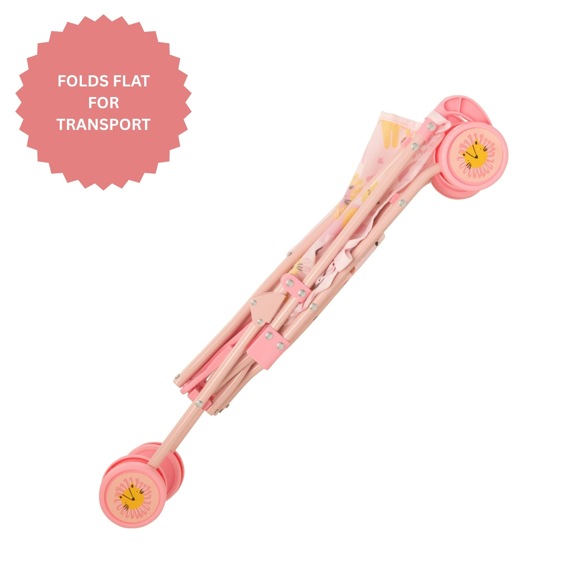Pink scooter with wheels folded for transport on a white background