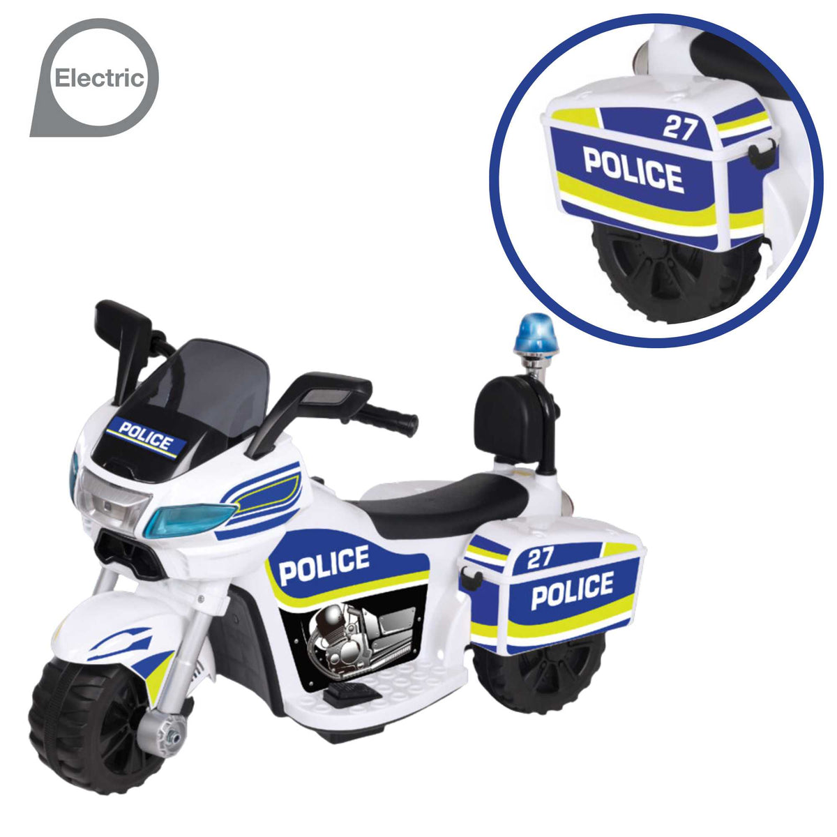 EVO Police Sport Bike Ride On for ages 2+, featuring a realistic police bike design with flashing lights and authentic sounds, durable frame, wide stable wheels, and easy-grip handles for safe and exciting outdoor play.