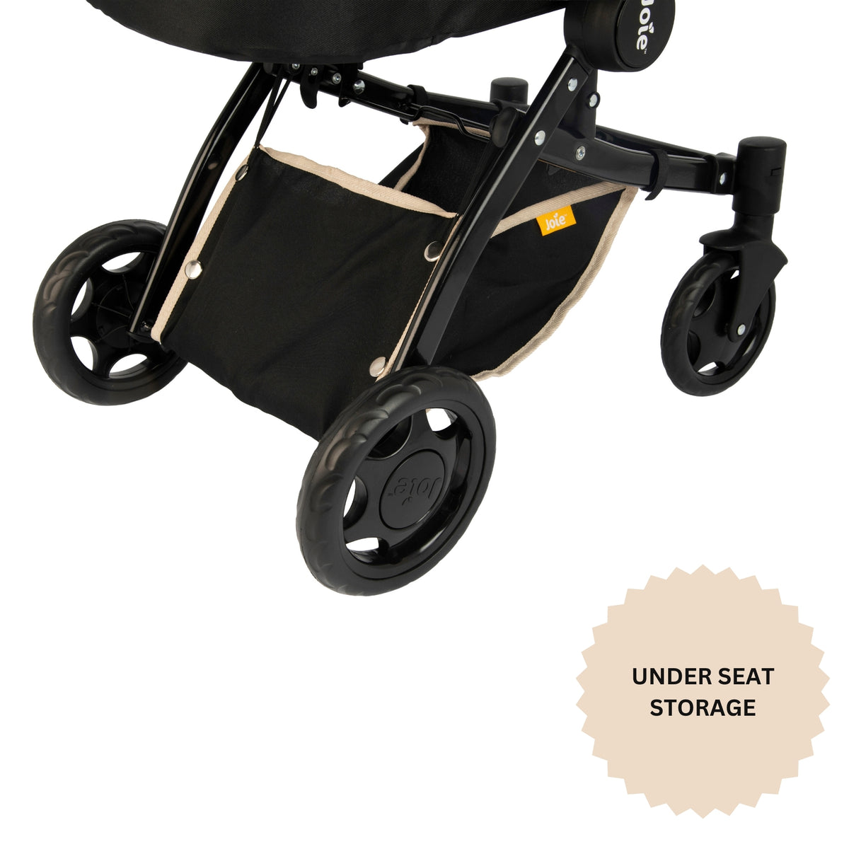 Beige and black baby stroller with Joie branding with an adjustable handle height and multiple play positions.