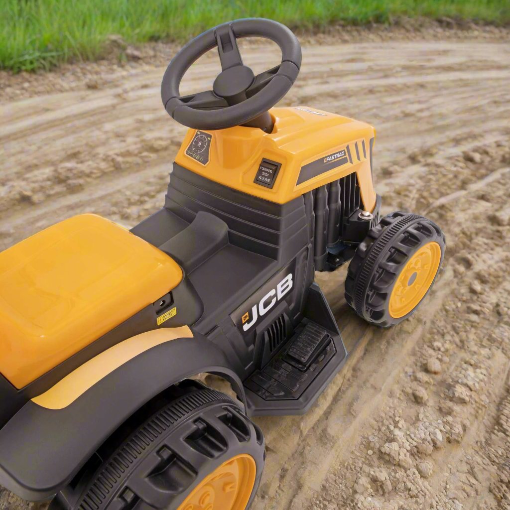 EVO JCB Battery Operated Tractor Ride-On for 2-year-olds, featuring a yellow and black JCB design, battery-powered operation, and a stable, comfortable ride for imaginative farm adventures.