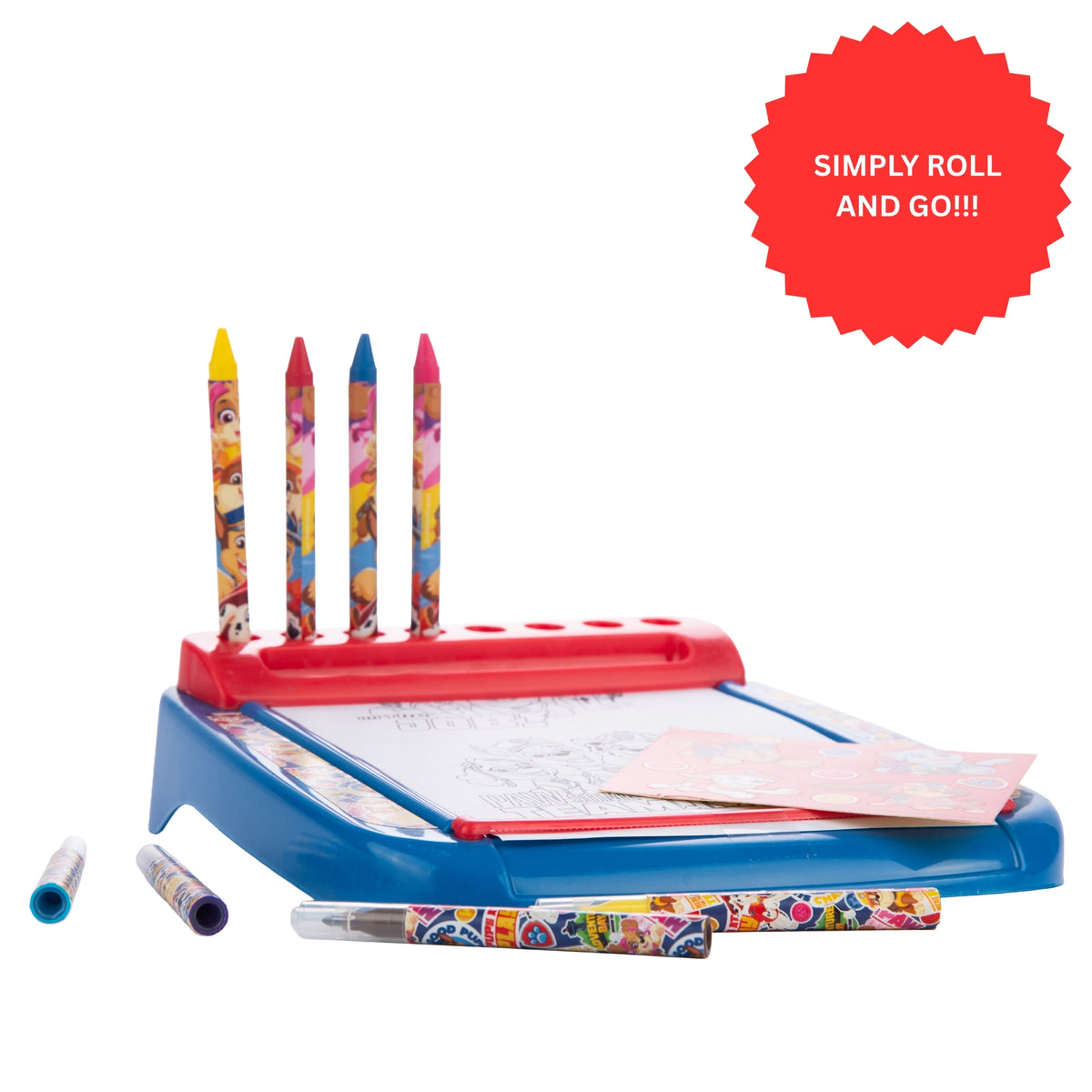 Colourful drawing set with crayons and paper on a white background