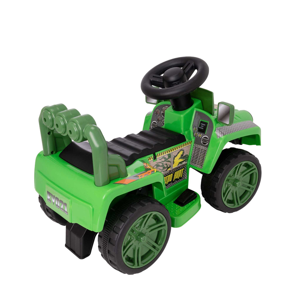 A rugged EVO Electric 4x4 Dinosaur Truck Toy. The truck is shown navigating through a rocky outdoor landscape, demonstrating its powerful and durable build.