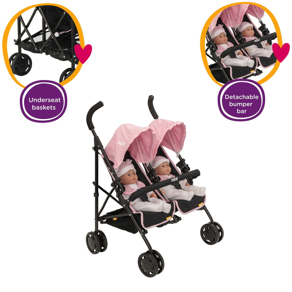 Joie Aire Twin Dolls Stroller - Pink &amp; Black Pushchairs