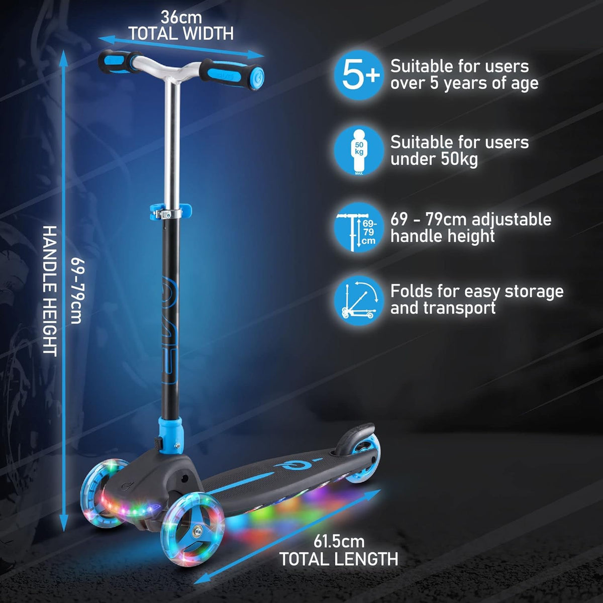 EVO Rainbow Blast Light-Up 3 Wheeled Scooter: Adjustable handle, foldable, black and blue. Kick scooter for kids 5+