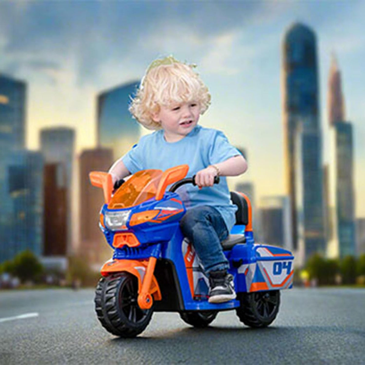 EVO Zoom Blue Sport Bike Ride On for ages 2+, featuring a vibrant blue colour, sporty design, sturdy frame, wide stable wheels, and easy-grip handles for safe and exciting outdoor play.