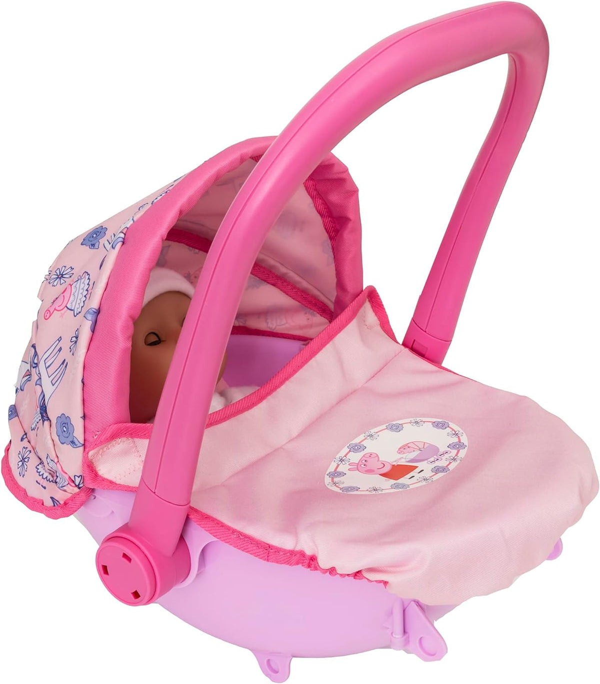 Peppa Pig 4-in-1 Pram, a versatile dolls’ stroller for dolls up to 35cm. Features a detachable carrycot, front-facing pushchair, and baby seat with an adjustable hood, removable apron, and Peppa Pig-themed pink design.