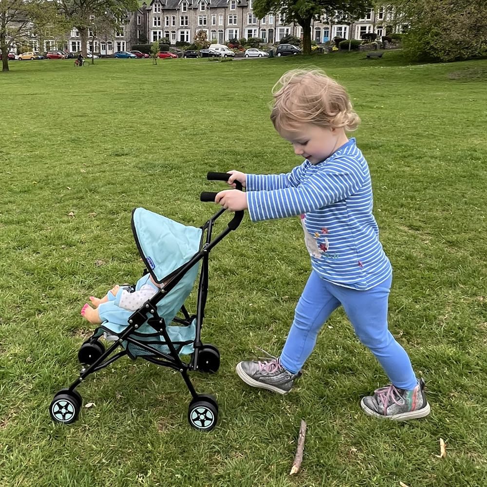 Chicco Echo Dolls Stroller in blue, a collapsible toy pushchair for kids. Features easy-grip handles and smooth-rolling wheels for imaginative doll play indoors or outdoors.