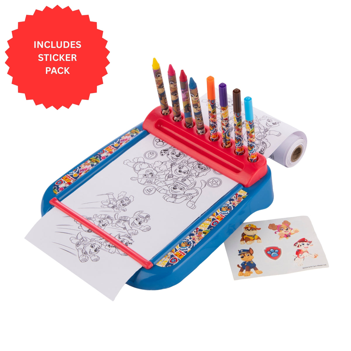 Colouring station with coloured pencils, colouring sheets, and a sticker pack on a white background.