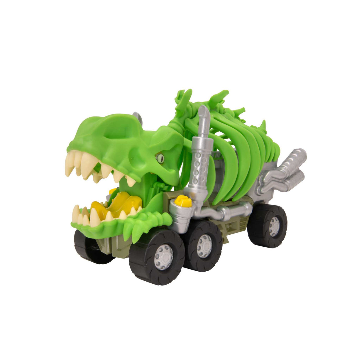 Teamsterz Beast Machine T-Rex Rib Cage Car Transporter Toy with light-up yellow eyes, chomping jaw, rear ramp, and car-holding rib cage.