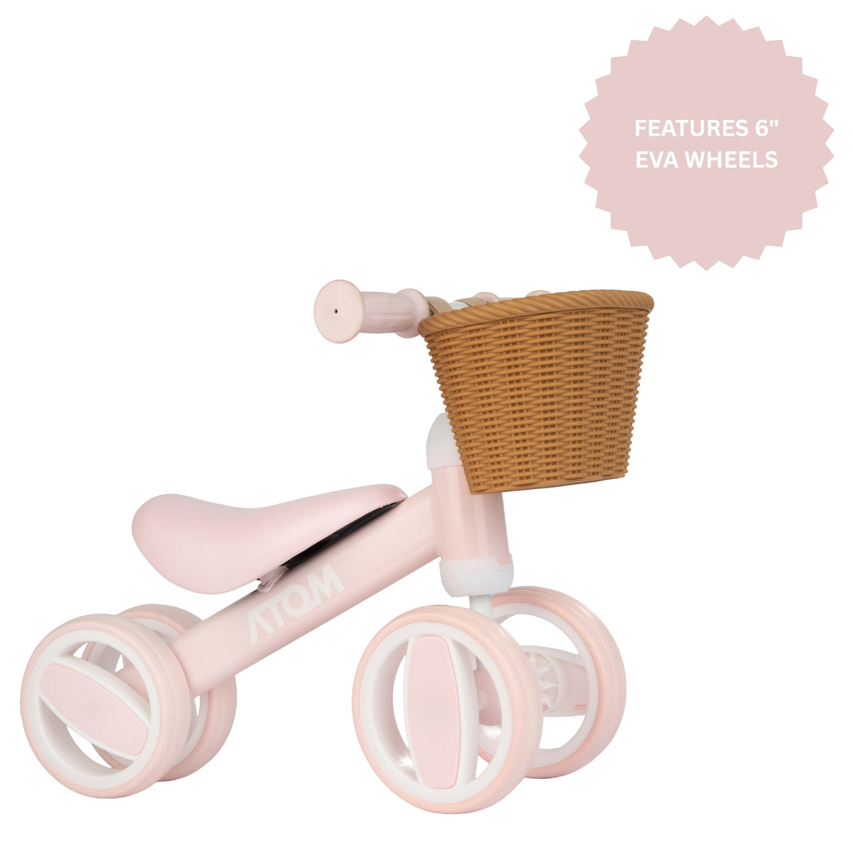 pink toddlers bobble bike with a wicker basket.