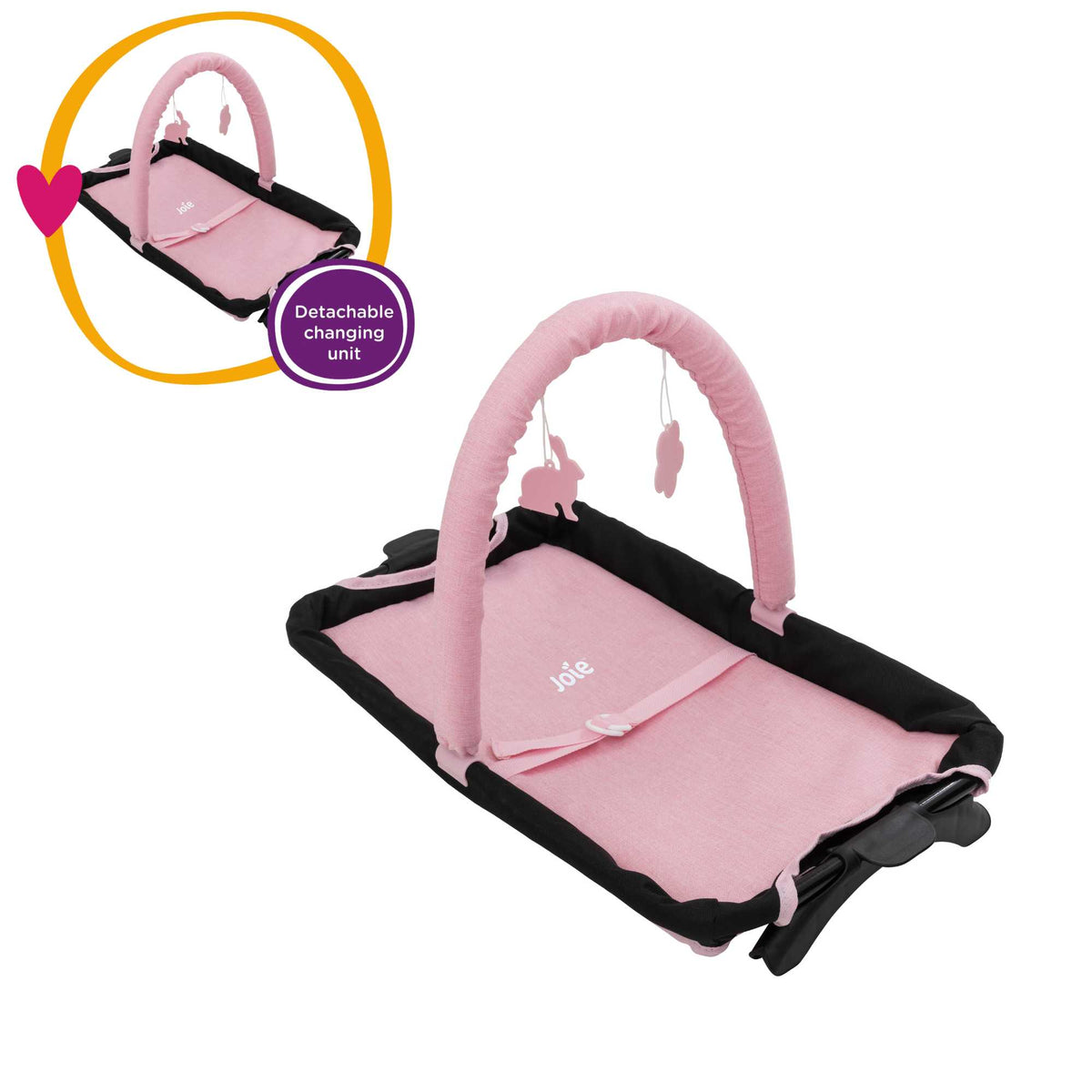 Joie Sleep &amp; Dream Dolls Travel Cot, a compact and foldable design in pink and grey, featuring breathable mesh sides and a sturdy frame, ideal for children to use for their dolls during playtime and travel
